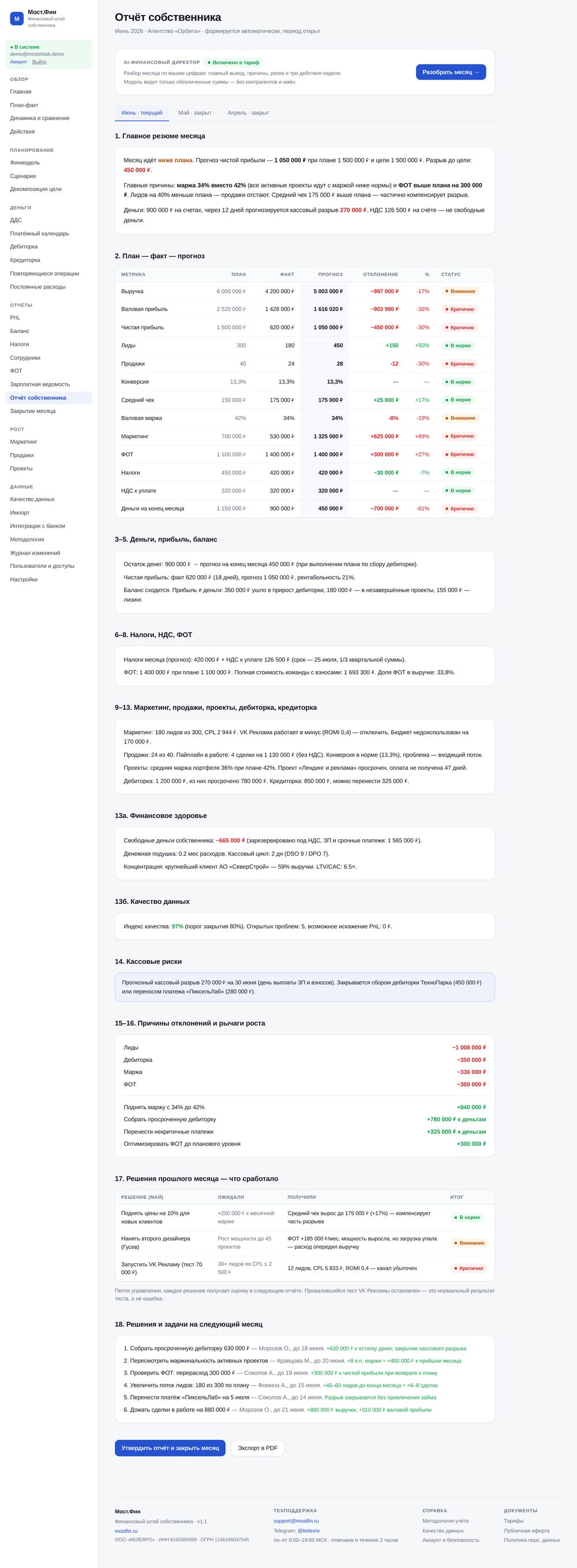Экран «Отчёт собственника» в Мост.Фин